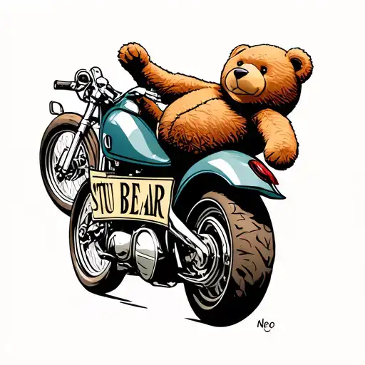 Teddy Bear On Motor Bike Wheeling With Stu Bear Underneath In Cool Font