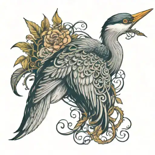 Portrait Of A Heron Decomposed With Gothic Filigree Vine Intertwined
