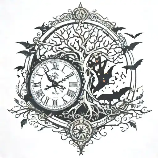 Clock At The Bottom With The Tree Of Life Growing From It With Bats Scattered Around