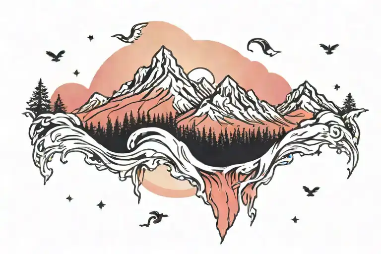 Mountain Range With Red Sunset Sky