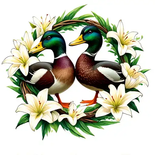 Two Mallard Ducks Inside A Wreath Of Lily Flowers