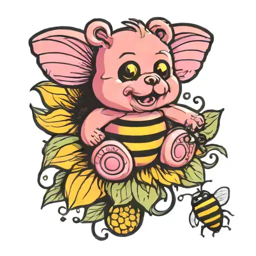 Pink Gummy Bear Bouncing On Sunflower With Bumble Bee