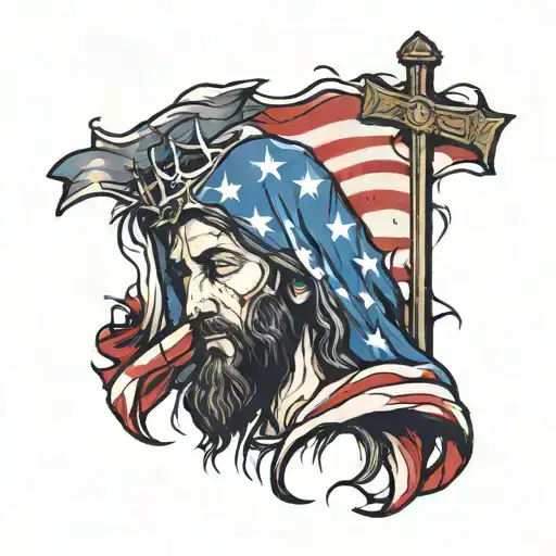 Ripped American Flag And Jesus Praying