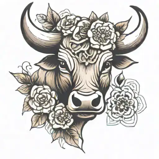 Small Bull Head With Flowers Horizontal On Forearms