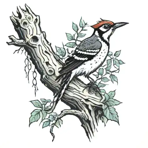 Woodpecker In Tree With Wolf Underneath