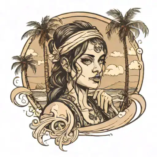 Portrait Of A Girl Overlapping The Beach With The Sea And Palm Trees