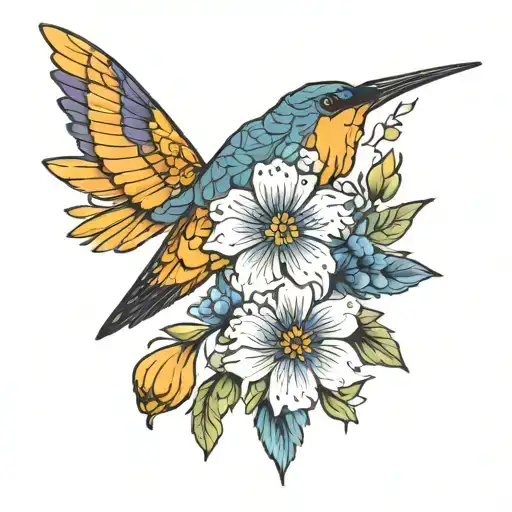 Geometric Marigold And Larkspur Flower With Hummingbird