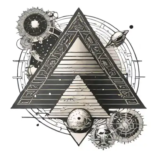 Geometric Egyptian Pyramid Tattoo With Solar System And Horus Line