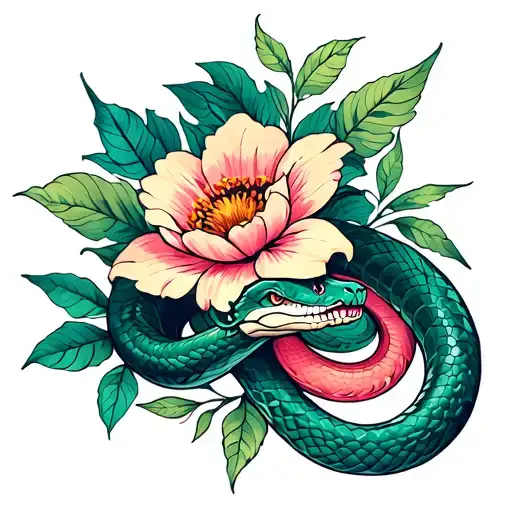 Snake Coiled On A Flower Blooming