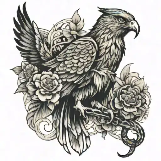 Hawk With Snake Around And A Lion For Arm Sleeve