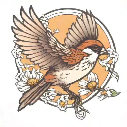 A Sparrow Flying With Eyes In The Wings Have Daisies In The Background
