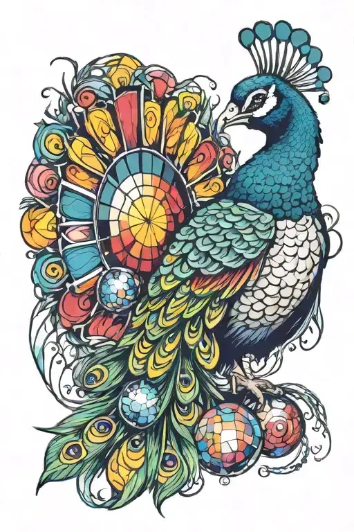 Peacock With Big Colorful Feathers And Disco Ball