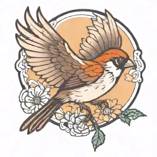 A Sparrow Flying With Eyes In The Wings Have Daisies In The Background