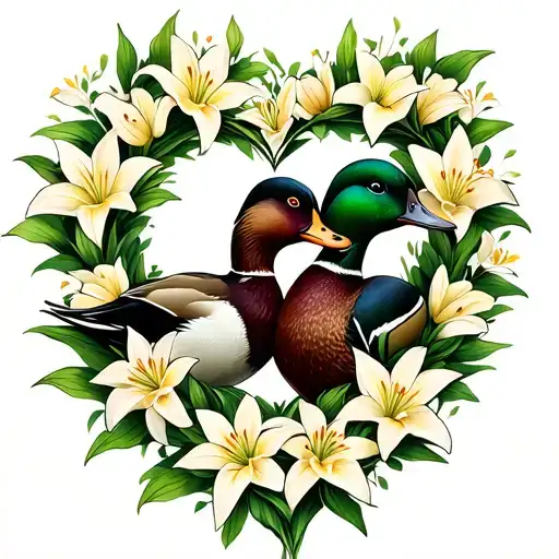 Two Mallard Ducks Cuddling Inside A Wreath Of Lily Flowers In The Shape Of A Heart