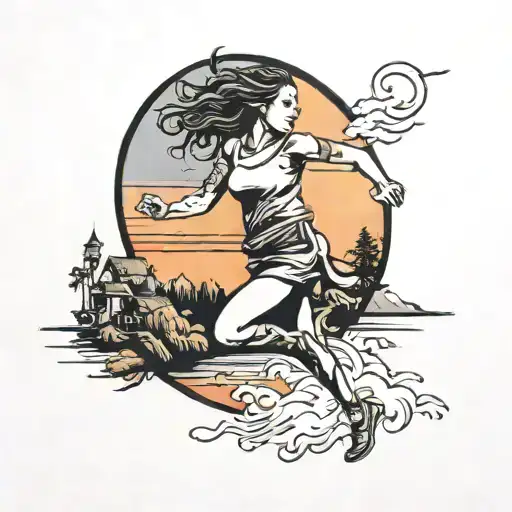 Half Sunset On Left And Half Sunrise On Right With A Woman Running To The Right In The Middle