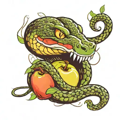 Snake Wrapped Round With Bitten Apple In Its Mouth