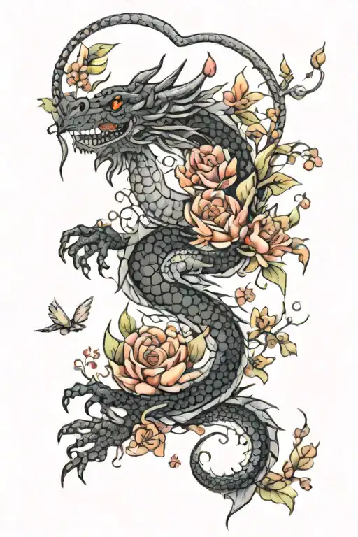 Black And Gray Dragon Tattoo With Color Flowers Surrounding
