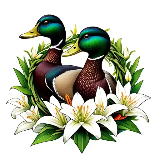 Two Mallard Ducks Inside A Wreath Of Lily Flowers