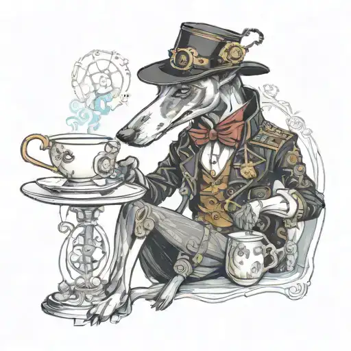 Steampunk Black Greyhound Drinking Tea And Reading