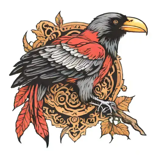 The Three-sided Design Of Red Skin With Wood And Crow