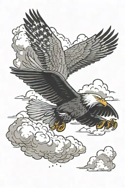 Silhouette Of An Airplane Flying In Clouds With American Flag And Bald Eagle In The Background