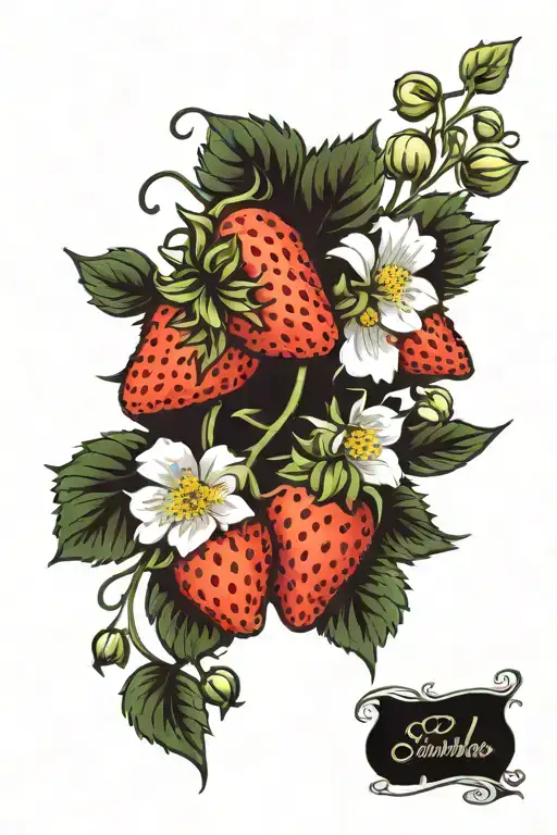 Few Strawberries On Vine With Flowers