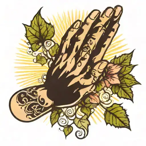 Prayer Hands With Ivy Vines Growing And Sun Rays Shining Behind