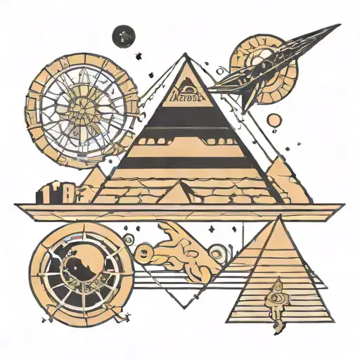 Geometric Egyptian Pyramid Tattoo With Solar System And Ra Goddess