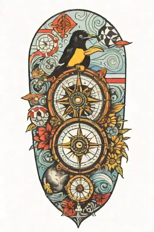 Compass With Modern Scuba Flag And King Penguin