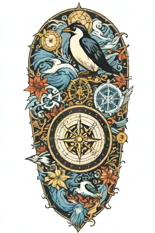 Nautical Compass With Scuba Diver Surrounded By Ocean Life Including An Emperor Penguin