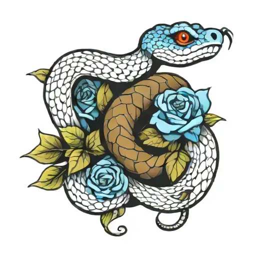 Snake Coiled Around Blue Roses