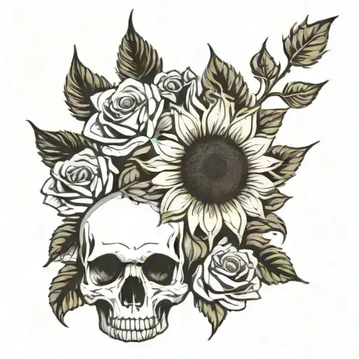 Sunflower And Rose Growing Out Of A Skull