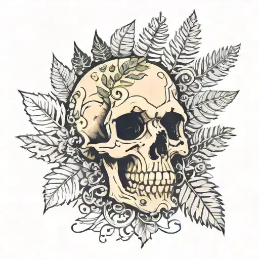 Slightly Turned Skull Surrounded By Ferns