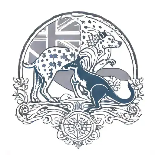 Australian Flag With Kangaroo And Dingo Whit Sun