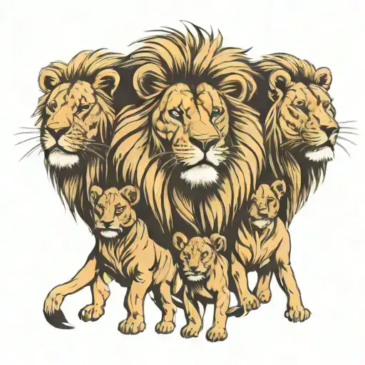 Large Male Lion 3 Cubs And One Female Lion