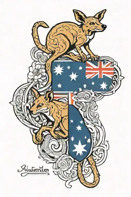 Australian Flag With Kangaroo And Dingo Whit Sun