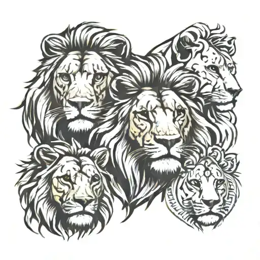 Pride Of Lions One Male One Female Two Adelessent Males One Cub