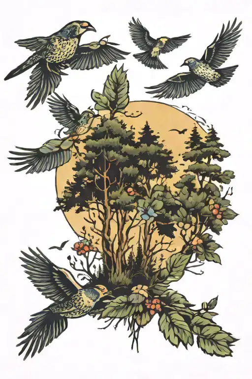 Forest With Birds Flying