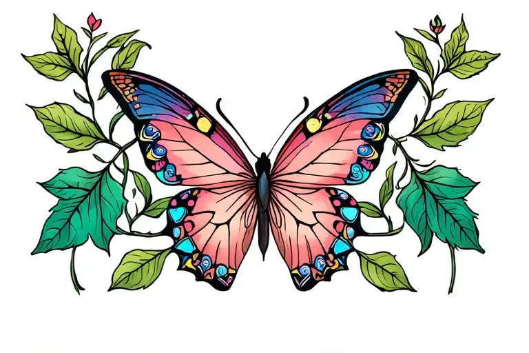 Lower Back Leaf Left And Right With Butterfly In The Middle