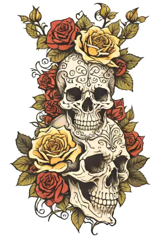 Skull With Roses Growing And Zandloper Underneath