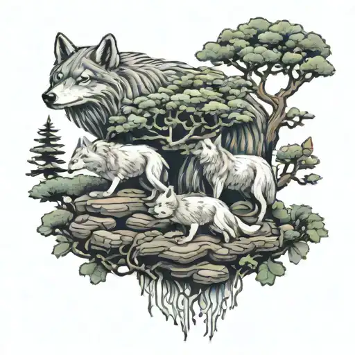 Bonsai Tree And Wolves Representing Family