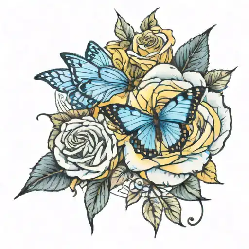 Blue Butterfly And Yellow Rose