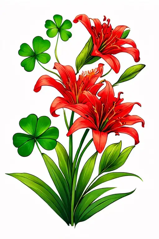 Green Clovers And Red Spider Lilies