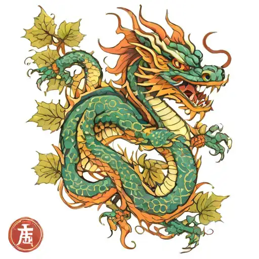 Japnese Dragon With Leafs Colour
