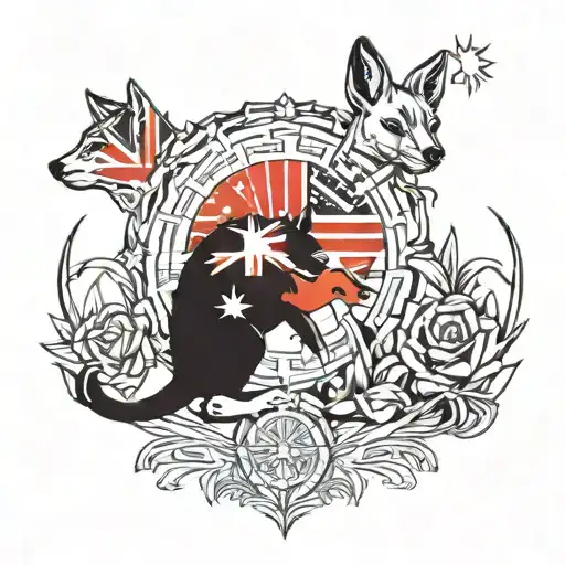 Australian Flag With Kangaroo And Dingo Whit Sun