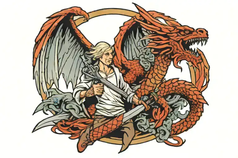 Angel Hold A Sworow And A Injured Dragon Coiled