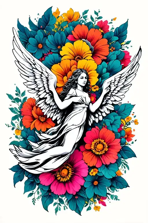 Falling Angel Black And White With Colorful Flowers Background
