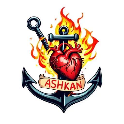 Burning Heart Over An Anchor With A Banner That Clearly Says 'Ashkan'