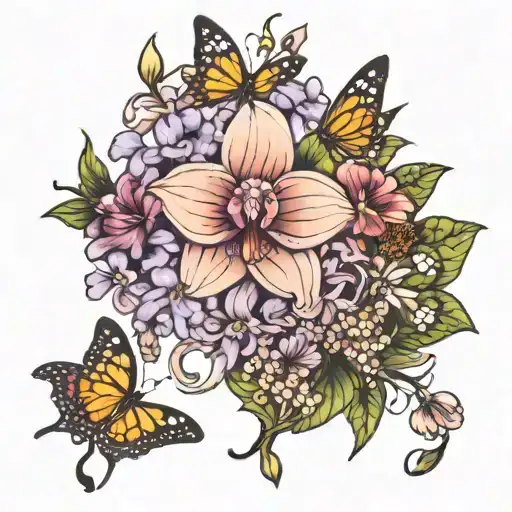 Lilac And Orchid Flowers And Butterflies