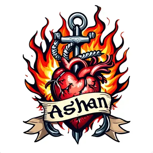 Burning Heart Over An Anchor With A Banner That Says 'Ashkan'